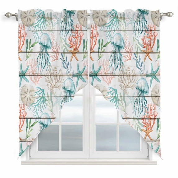 Teal Red Jellyfish Coastal Swag Valances for Windows 2 Pack, Kitchen Window Curtains 36 Inch Length, Vintage Beach Coral Starfish Nautical Privacy Swag Curtains for Living Room/Bathroom 36"x36"