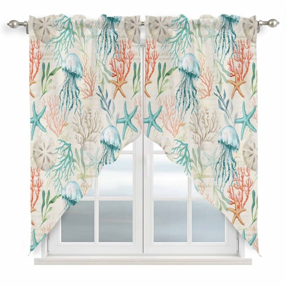Teal Red Jellyfish Coastal Swag Valances for Windows, Kitchen Curtains 36 Inch Length 2 Panels Set, Nautical Beach Coral Starfish Short Curtains for Small Windows Rod Pocket Cafe Curtains 28"x36"