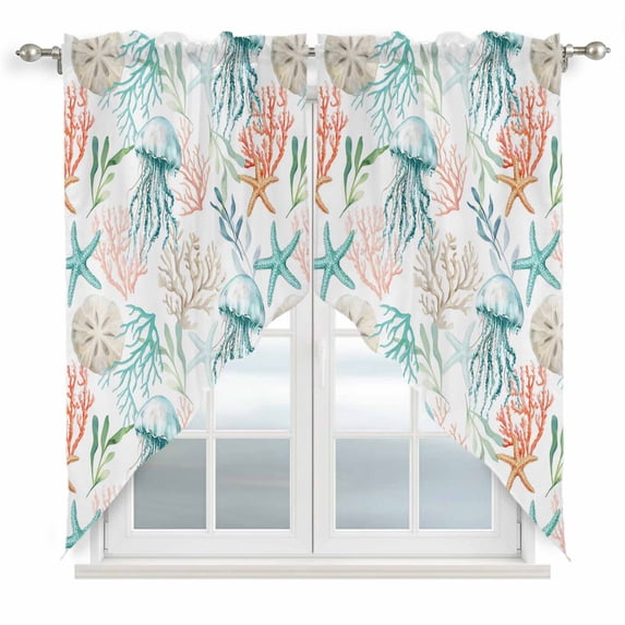 Teal Red Jellyfish Coastal Swag Valances for Windows, Kitchen Window Curtains Over Sink, Summer Beach Coral Starfish Nautical Window Treatment Curtains for Living Room/Bedroom 2 Panel Sets 36"x45"