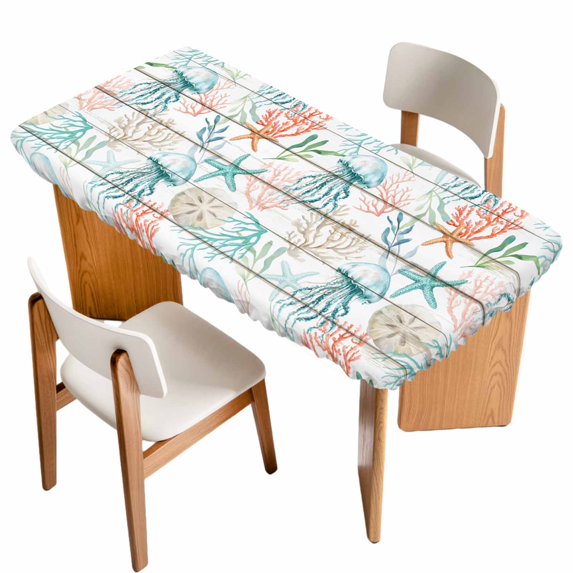 Teal Red Jellyfish Coastal Table Cloths for 4 Foot Rectangle Tables, Vintage Beach Coral Starfish Nautical Patio Waterproof Elastic Fitted Tablecloths, Washable Rectangular Table Cover for Camping