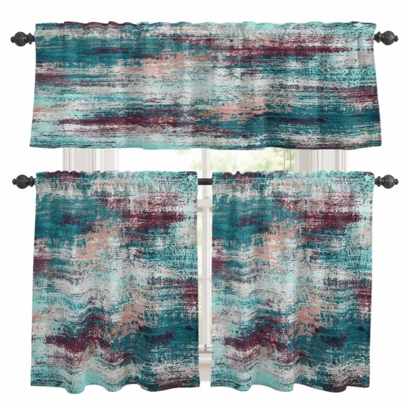 Teal Red Kitchen Curtains and Valances Set, Abstract Smoky Texture Distressed Mottled Ink Art Rod Pocket Window Valance Window Curtain Panels for Living Room Bedroom Laundry, 27.5x36in, 3 Pieces