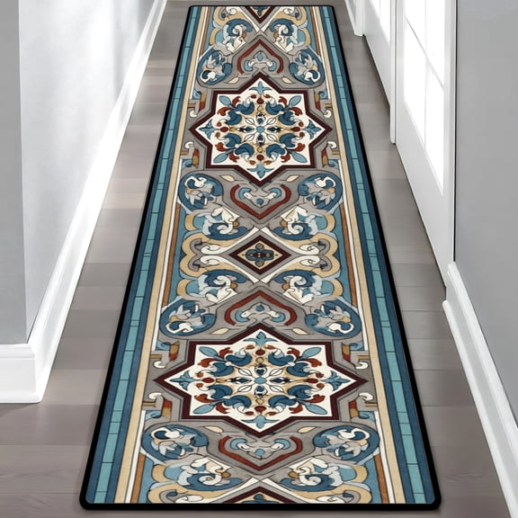 Teal Red Moroccan Star Medallion Hallway Runner Rug, Boho Geometric Long Floor Mat, Non-Slip Washable Vintage Ornate Rug for Entryway Kitchen
