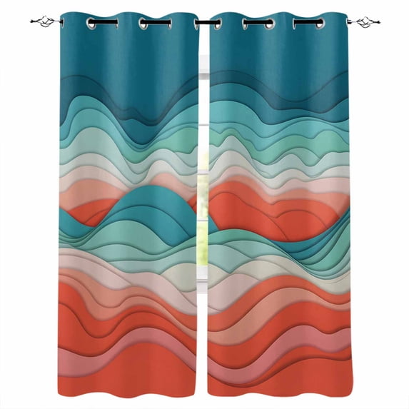 Teal Red Ocean Waves Blackout Curtains for Bedroom, Summer Beach Coastal Abstract Thermal Insulated Kitchen Drapes with Grommets, Light Blocking Window Treatment, 2 Panels 52" x 63"