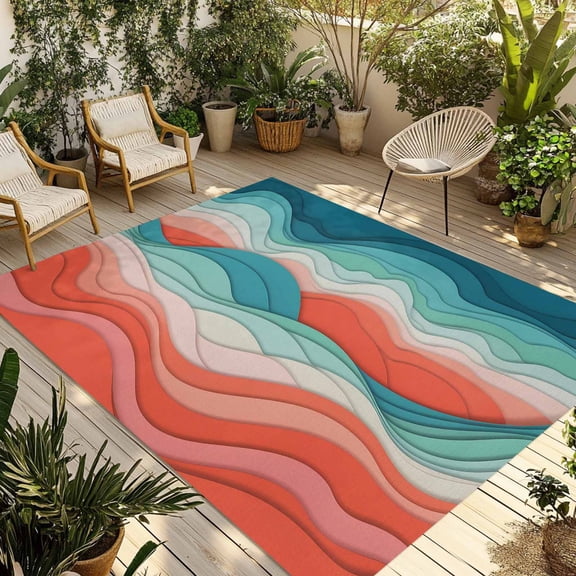 Teal Red Ocean Waves Outdoor Rug for Patio/Deck/Porch, Non-Slip Large Area Rug 5 x 7 Ft, Summer Beach Coastal Abstract Indoor Outdoor Rugs Washable Area Rugs, Reversible Camping Rug Carpet Runner