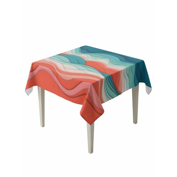 Teal Red Ocean Waves Table Cloth, Waterproof Tablecloth for Square Tables, Summer Beach Coastal Abstract Reusable Washable Fabric Table Cover for Restaurant Kitchen Dining Tables 54"x54"