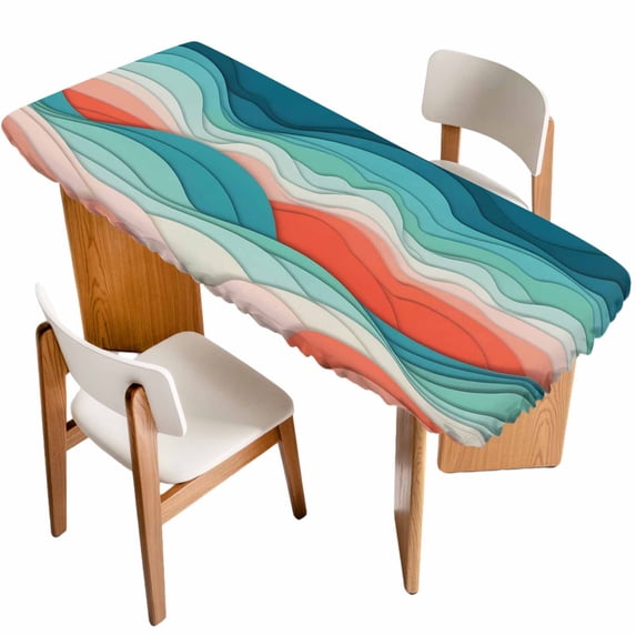 Teal Red Ocean Waves Table Cloths for 8 Foot Rectangle Tables, Summer Beach Coastal Abstract Patio Waterproof Elastic Fitted Tablecloths, Washable Rectangular Table Cover for Camping