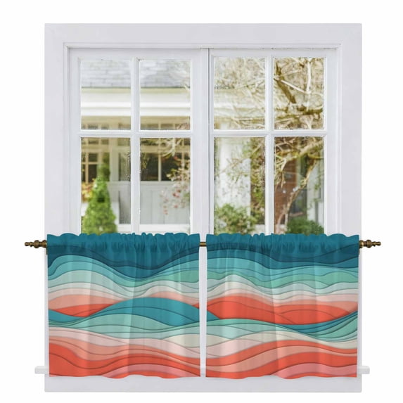 Teal Red Ocean Waves Tier Curtains 24 Inch Length, Summer Beach Coastal Abstract Cafe Short Curtains for Bathroom Over Sink, Small Kitchen Curtain Light Filtering Tiered Drapes 2 Panels 27.5"Wx24"L