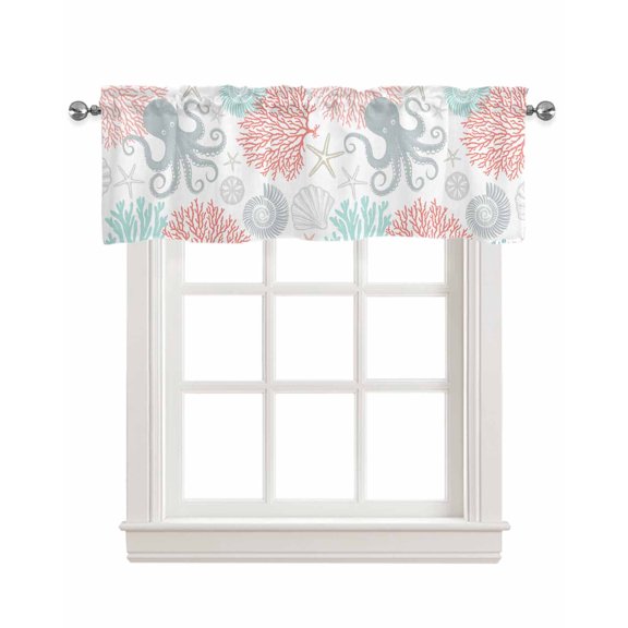 Teal Red Octopus Coastal Kitchen Valances for Windows Farmhouse Linen Window Valance Curtain for Living Room Window Treatment Nautical Coral Starfish Valance Rod Pocket Topper Drape, 42 x 18 Inch