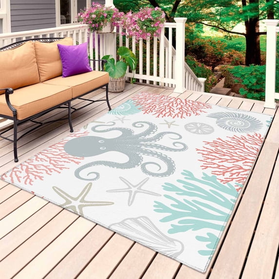 Teal Red Octopus Coastal Outdoor Rug 3x5 Ft, Non Slip Washable Area Rug, Nautical Coral Starfish Patio Rugs Carpet Runner, Large Floor Mat for Indoor/Outdoor Deck Porch Camping