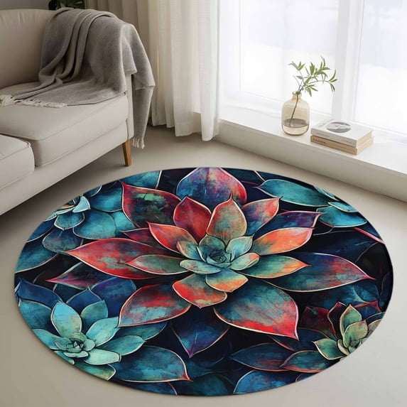 Teal Red Ombre Succulent 3ft Area Rug, Abstract Art Botanical Washable Non-Slip Small Round Rugs for Entryway Bedroom Kitchen, Soft Circle Carpet for Dining Room, Playroom Nursery Rug