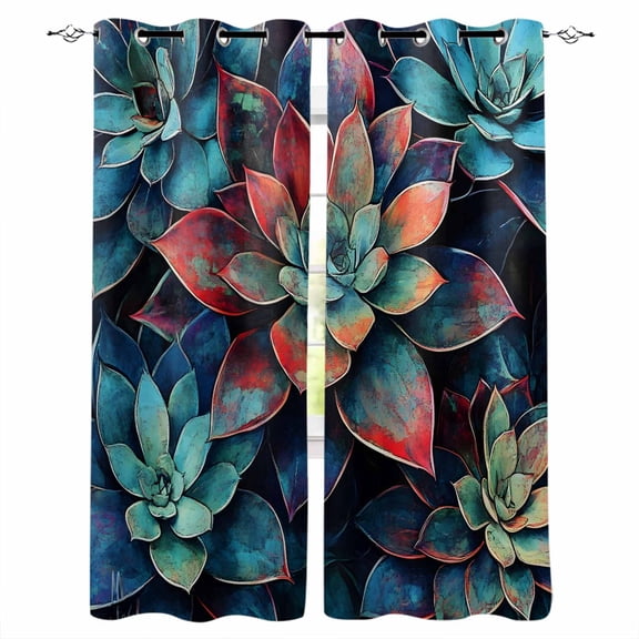 Teal Red Ombre Succulent Blackout Curtains for Bedroom Living Room Darkening Curtains 84 Inch Length 2 Panels Set Abstract Art Botanical Window Curtain Window Treatment Grommet Drapes 52"x84"