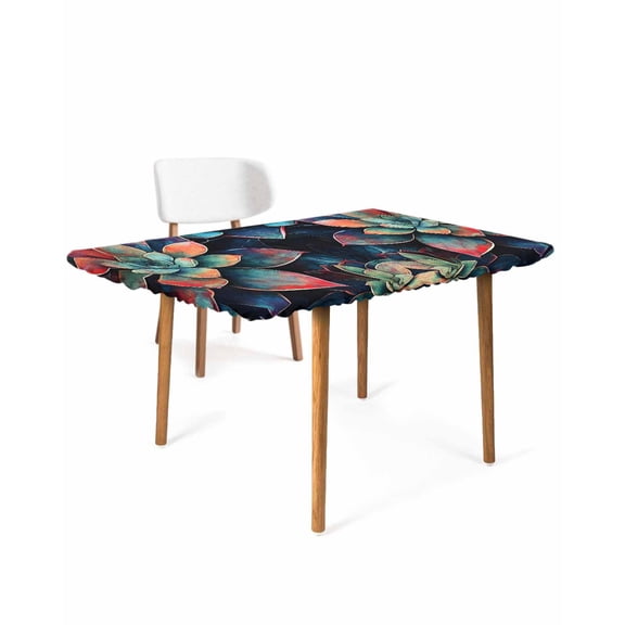 Teal Red Ombre Succulent Rectangle Tablecloth, Waterproof Elastic Fitted Table Covers for 3 Foot Tables, 24x36inch Decorative Tablecloths for Picnic, Camping, Indoor, Outdoor, Abstract Art Botanical