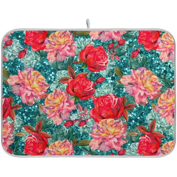 Teal Red Pink Flowers Dish Drying Mat for Kitchen Counter, 18 In x 24 In Drying Mat for Kitchen Counter, Absorbent Polyester Material, Heat-resistant Drying Mat