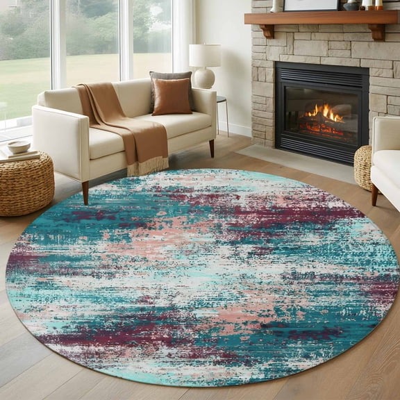 Teal Red Round Rugs for Living Room 6ft Abstract Smoky Texture Distressed Mottled Ink Art Non Slip Circle Rug Washable Low-Profile Indoor Carpet for Bedroom, Dining Room, Bathroom