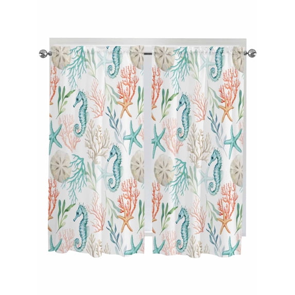 Teal Red Seahorse Coastal Bathroom Window Curtain, Nautical Beach Coral Starfish Light Filtering Coffee Kitchen Curtains, Bedroom Living Room Curtains 2 Panel 84"x63"