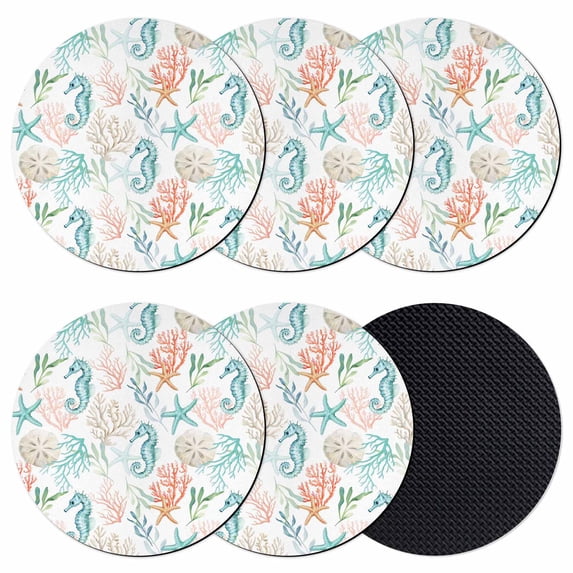 Teal Red Seahorse Coastal Coasters Set of 6, Absorbent Coasters for Drinks, Nautical Beach Coral Starfish Coaster for Desk Coffee Table Protection, Home Decor House Warming Gifts 4"