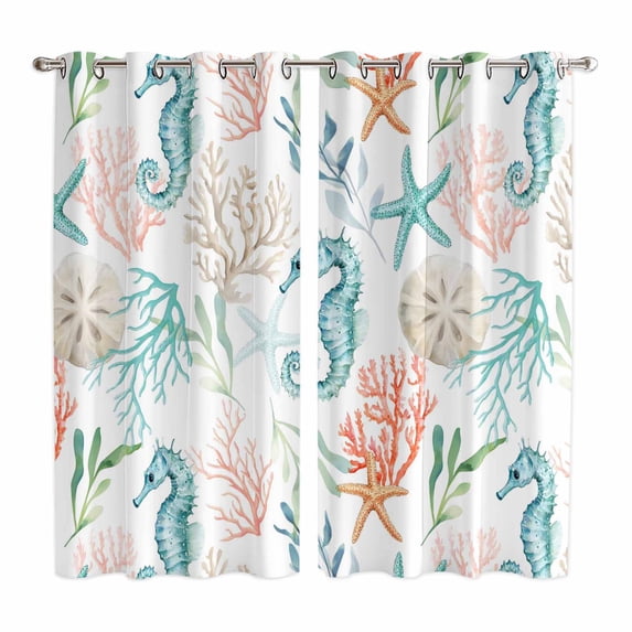 Teal Red Seahorse Coastal Kitchen Curtains Window Panels, Nautical Beach Coral Starfish Insulated Window Treatment Curtain, Grommet Curtains for Bedroom/Living Room/Bathroom, 2 Piece 42"Wx63"L