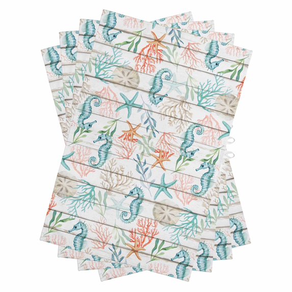 Teal Red Seahorse Coastal Kitchen Towels Set of 4, Water Absorbent Dish Towel, Vintage Nautical Beach Coral Starfish Decorative Hand Towels - Quick Drying Cloth for Cooking Baking, 18x28 Inch