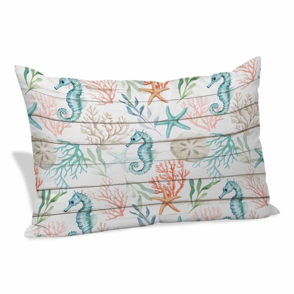 Teal Red Seahorse Coastal Pillow Covers, Linen Long Throw Pillow Case, Vintage Nautical Beach Coral Starfish Holiday Pillow Protector Decorative Cushion Cover for Living Room/Bedroom 20" x 30"