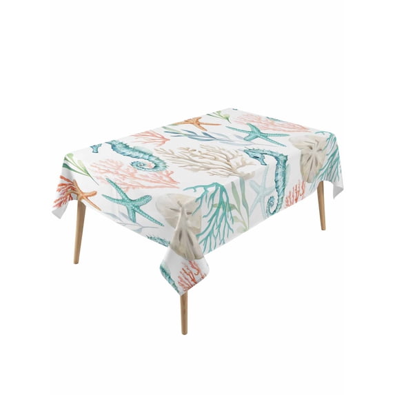 Teal Red Seahorse Coastal Rectangle Tablecloth, Nautical Beach Coral Starfish Waterproof & StainResistant Tablecloth, Washable Oil-proof Table Cover for Dining/Party/Wedding/Camping/Buffet 54x108 In