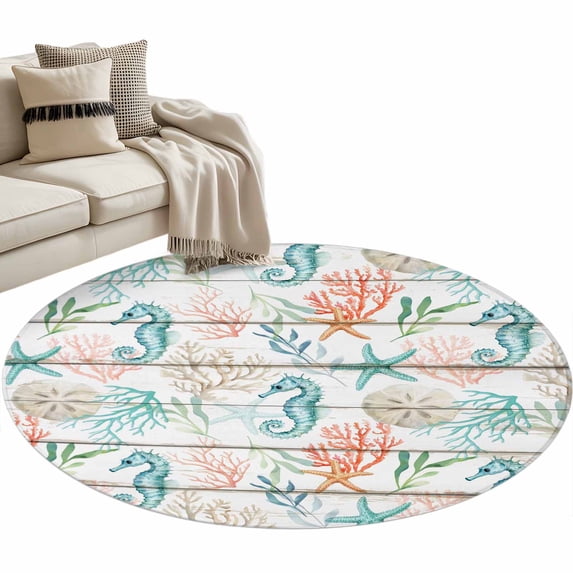 Teal Red Seahorse Coastal Round Area Rugs Collection 3.3', Vintage Nautical Beach Coral Starfish Non Slip Indoor Circular Throw Runner Rug Floor Mat Carpet for Living Room Dining Table Bedroom