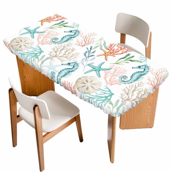 Teal Red Seahorse Coastal Table Cloths for 3 Foot Rectangle Tables, Nautical Beach Coral Starfish Patio Waterproof Elastic Fitted Tablecloths, Washable Rectangular Table Cover for Camping