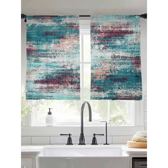 Teal Red Sheer Curtains 45 inches Long, Abstract Smoky Texture Distressed Mottled Ink Art Light Filtering Sheer Window Curtains Rod Pocket Voile Drapes for Bedroom Living Room, 2 Panels