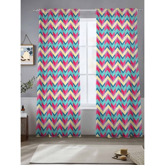 Teal Red Sheer Curtains 84 Inches Long 2 Panels Geometric Ripples Abstract Art Light Filtering Semi Sheer Window Curtains Drapes for Bedroom Living Room 52"x84" 2 Panels