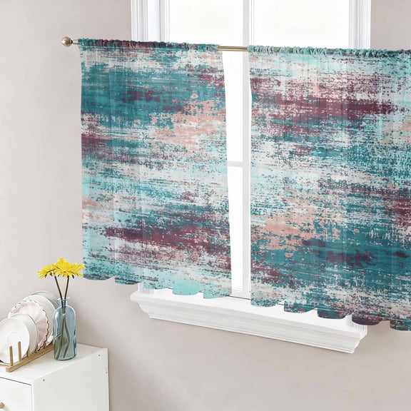 Teal Red Sheer Curtains for Living Room Bedroom, Abstract Smoky Texture Distressed Mottled Ink Art Light Filtering Sheer Curtain Rod Pocket Voile Window Treaments Drapes, 52 x 45 Inches