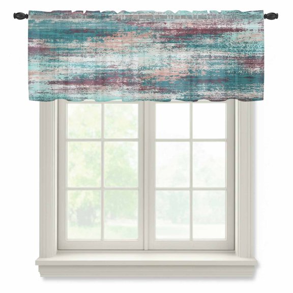 Teal Red Sheer Valances for Windows, Abstract Smoky Texture Distressed Mottled Ink Art Semi Sheer Kitchen Valance Rod Pocket Small Voile Window Curtains for Living Room Bedroom 60 x 18 Inch