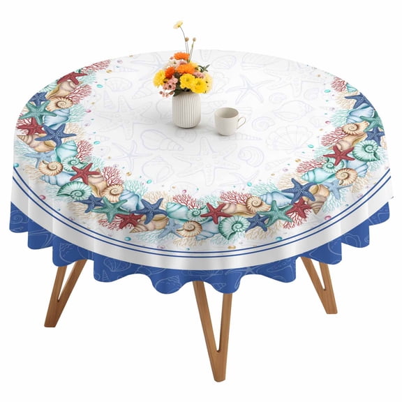Teal Red Shells Round Tablecloth 54 inches Summer Beach Yellow Teal Blue Sea Stars Corals Dark Blue Waterproof Oil-Proof Table Cloth Round Table Cover for Holiday Party Picnic Dinner Decor