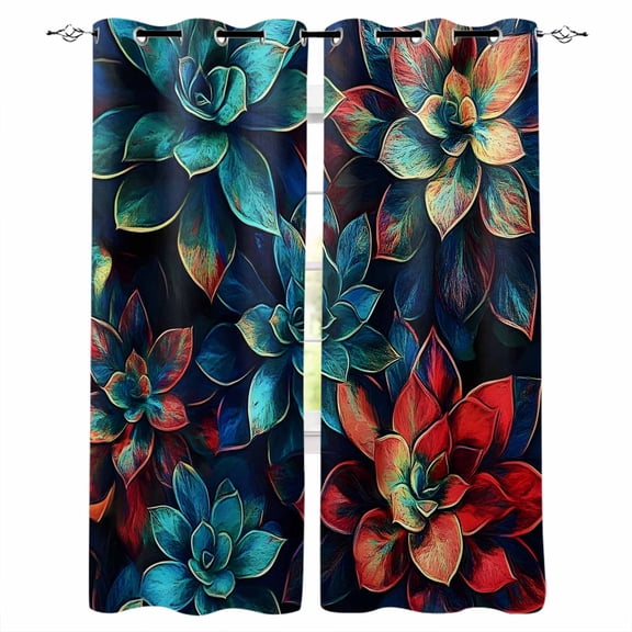 Teal Red Succulent Blackout Curtains for Bedroom Living Room Darkening Curtains 96 Inches Long Abstract Vintage Botanical Window Curtain 2 Panels Set Insulated Window Treatment Grommet Drapes 52"x96"