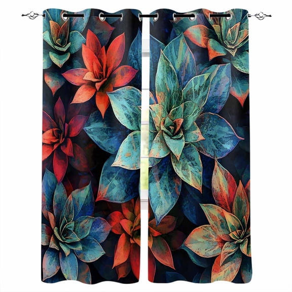 Teal Red Succulent Blackout Curtains for Bedroom/Living Room, Thermal Insulated Kitchen Curtains, Modern Vintage Bottom Leaves Grommet Darkening Window Treatment Drapes 52"x63"x2