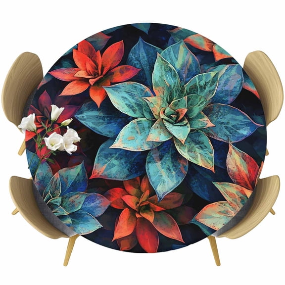 Teal Red Succulent Round Tablecloth 36-44 Inch Round Fitted Table Cloth with Elastic Edge, Modern Vintage Bottom Leaves Waterproof Table Cover Protector for Outdoor Picnic Party Dining