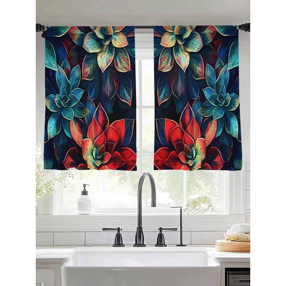 Teal Red Succulent Sheer Curtains for Living Room Bedroom Abstract Vintage Botanical Sheer Curtains 54 Inch Long 2 Panels Set Light Filtering Curtain Window Treatments Drapes for Dining Room