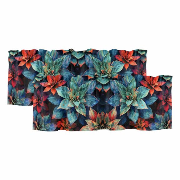 Teal Red Succulent Valances for Windows, Decorative Rod Pocket Window Valance Curtains, Modern Vintage Bottom Leaves Short Curtain Drapes for Kitchen/Bathroom/Living Room, 2 Panels, 60" W x 18" L