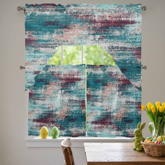 Teal Red Swag Curtains Valance & Tier Set, Abstract Smoky Texture Distressed Mottled Ink Art 3 Pcs Set Kitchen Swag Valances and Tiers 36 Inch Length Rod Pocket Curtain Drapes for Bedroom