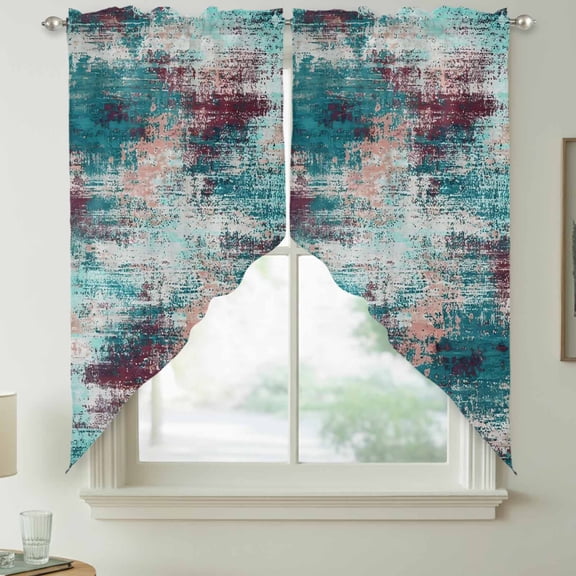 Teal Red Swag Kitchen Curtain Valances, Abstract Smoky Texture Distressed Mottled Ink Art Rod Pocket Curtains Window Treatment Decor Valances for Bedroom Bathroom, 2 Panels 36 x 36 Inch