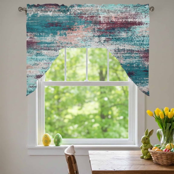 Teal Red Swag Valances for Kitchen Window, Abstract Smoky Texture Distressed Mottled Ink Art Small Swag Valances Rod Pocket Curtain Drapes Window Treatment for Bedroom Bathroom, 56x36 Inch