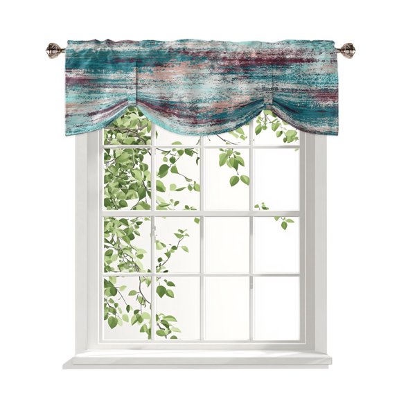 Teal Red Tie Up Valances Curtain, Abstract Smoky Texture Distressed Mottled Ink Art Adjustable Rod Pocket Window Treatment Short Tie Up Curtains Valances for Kitchen Living Room Bathroom 42x18 Inches