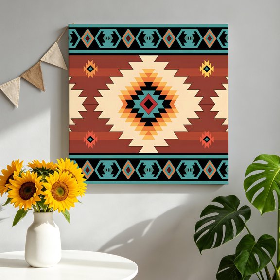 Teal Red Tribal Geometric Canvas Wall Art, Vintage Boho Native Abstract Framed Canvas Wall Decor Picture Print Artwork Decorations for Living Room Office Ready to Hang 8" x 8"