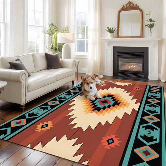 Teal Red Tribal Geometric Large Area Rugs 5x8 ft Vintage Boho Native Abstract Washable Rug Non Slip Indoor Carpet Absorbent Floor Mat for Living Room Bedroom Dining Room