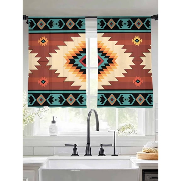 Teal Red Tribal Geometric Sheer Curtains 45 Inches Long 2 Panels Vintage Boho Native Abstract Light Filtering Semi Sheer Window Curtains Drapes for Bedroom Living Room 52"x45"