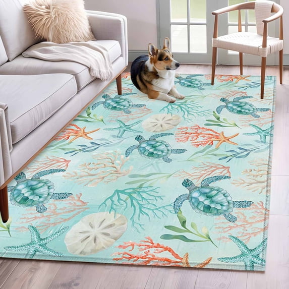 Teal Red Turtle Coastal Area Rugs 2.7'x5', Washable Small Throw Rugs for Kitchen Bedroom, Summer Beach Nautical Coral Starfish Indoor Outdoor Rug Non-Slip Low Pile Carpet Runner Reversible Floor Mats