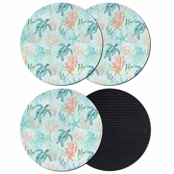 Teal Red Turtle Coastal Coasters Set of 4, Absorbent Coasters for Drinks, Summer Beach Nautical Coral Starfish Coaster for Desk Coffee Table Protection, Home Decor House Warming Gifts 4"