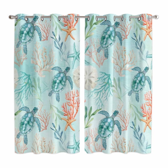 Teal Red Turtle Coastal Kitchen Curtains Window Panels, Summer Beach Nautical Coral Starfish Insulated Window Treatment Curtain, Grommet Curtains for Bedroom/Living Room/Bathroom, 2 Piece 42"Wx63"L