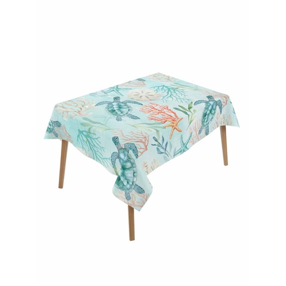 Teal Red Turtle Coastal Rectangle Tablecloth, Summer Beach Nautical Coral Starfish Waterproof & StainResistant Tablecloth, Washable Oil-proof Table Cover for Dining/Party/Wedding/Buffet 60x84 In