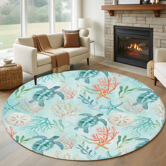 Teal Red Turtle Coastal Round Area Rug 7Ft Washable Circle Rugs for Dorm Laundry Room, Summer Beach Nautical Coral Starfish Non-Slip Carpet Floor Mats Indoor Outdoor Carpet Runner Home Decor