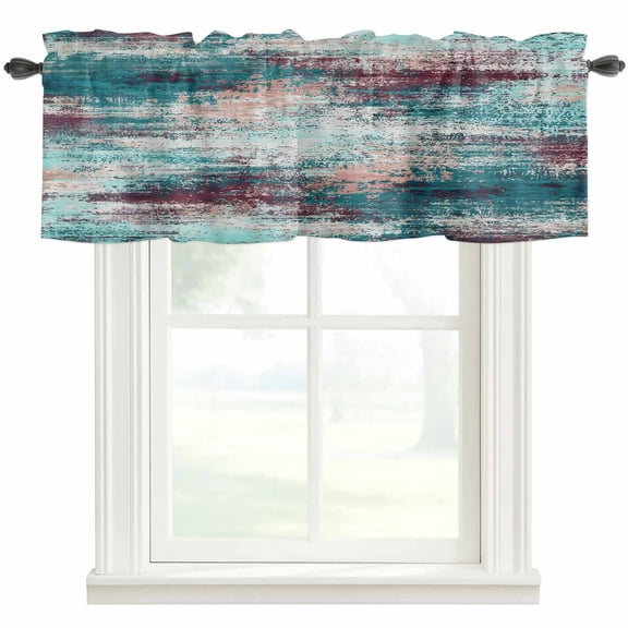 Teal Red Valances for Windows Abstract Smoky Texture Distressed Mottled Ink Art Rod Pocket Curtain Valance Window Treatment Short Curtains for Kitchen Living Room, 42"x18"