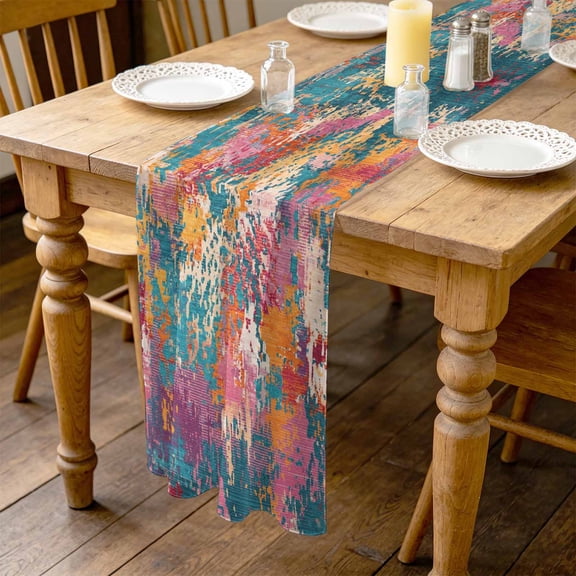 Teal Red Yellow Copper Rust 4.5ft Cheesecloth Table Runner for Wedding 19"x55", Abstract Vintage Industrial Minimalist Kitchen Dinner Sheer Tulle Chiffon Dresser Scarf, Holiday Party Decorations